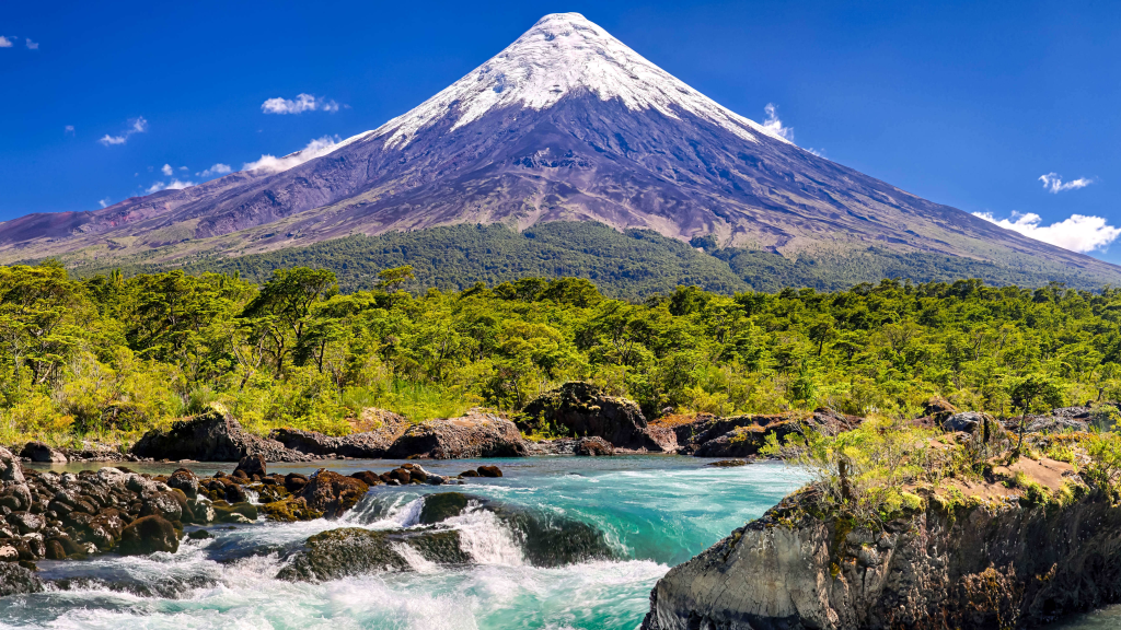 Views of the Osorno volcano and the Petrohue waterfalls near Puerto Varas.