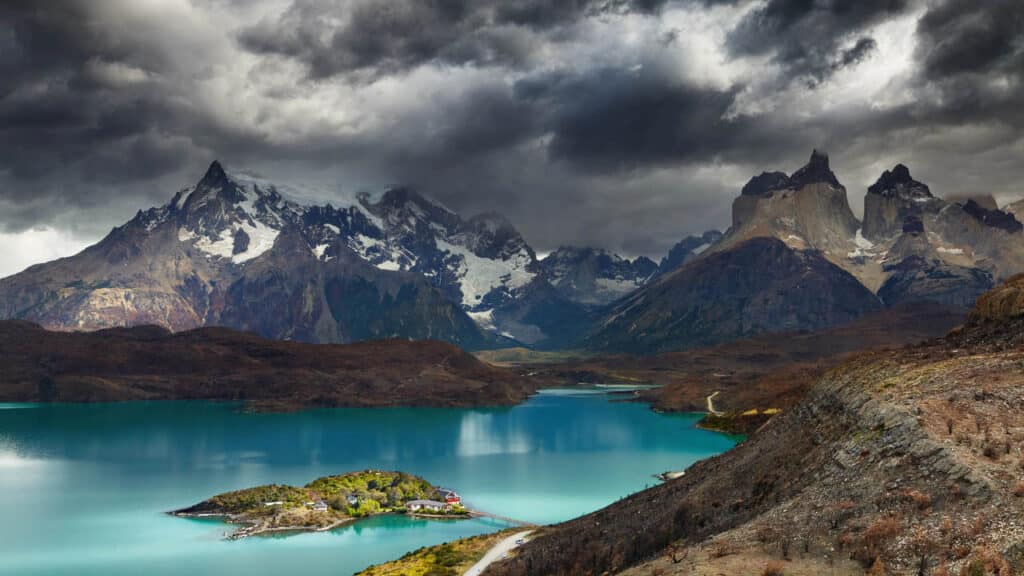 View of the Torres del Paine massif and Lake Pehoe